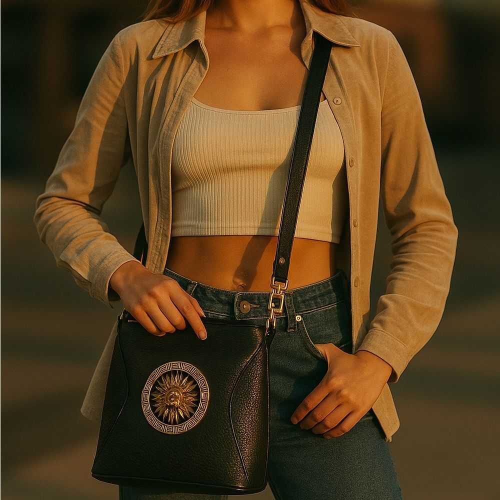 Vintage 90s 1990s retro Black Crossbody with Sun Medallion faux black leather